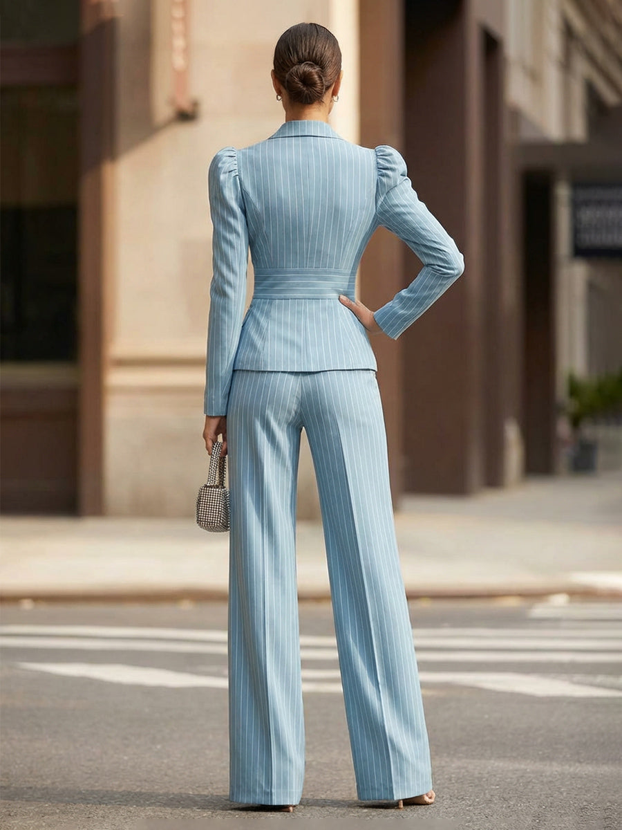 Elegant Pinstripe Bubble Long Sleeve Pantsuit Formal Two-Piece Set with Blazer