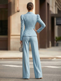 Elegant Pinstripe Bubble Long Sleeve Pantsuit Formal Two-Piece Set with Blazer