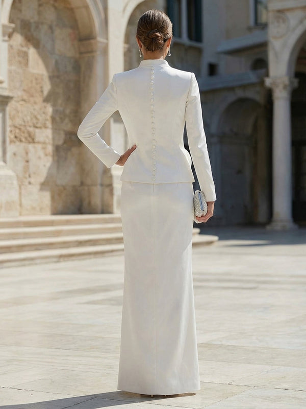 Women’s Casual Blazer Set Long with 3D Flower Sheath Satin 2 Piece Formal Gown