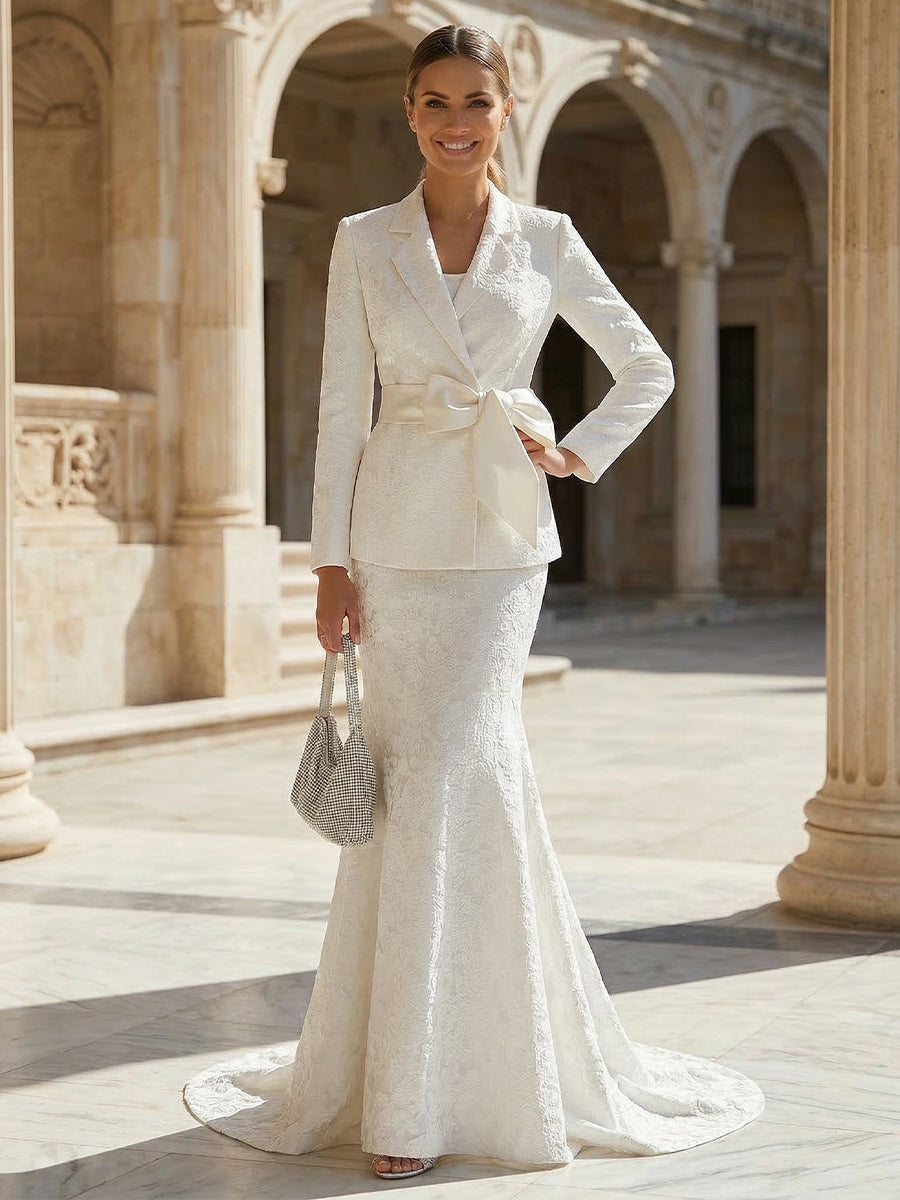 Lace Casual Two-Piece Blazer Outfit Long with Belt Mermaid Satin Formal Gown