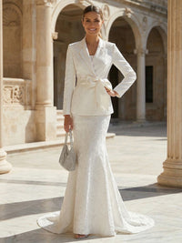 Lace Casual Two-Piece Blazer Outfit Long with Belt Mermaid Satin Formal Gown