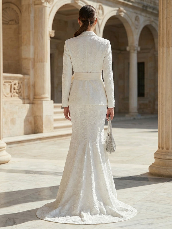 Lace Casual Two-Piece Blazer Outfit Long with Belt Mermaid Satin Formal Gown