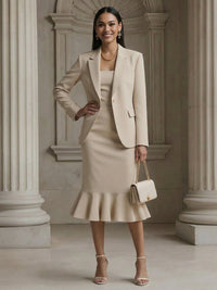 Women's Chic Suit Mermaid Notched Lapel Casual Two-Piece Blazer Outfit with Ruffle