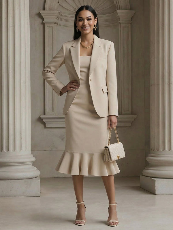 Women's Chic Suit Mermaid Notched Lapel Casual Two-Piece Blazer Outfit with Ruffle