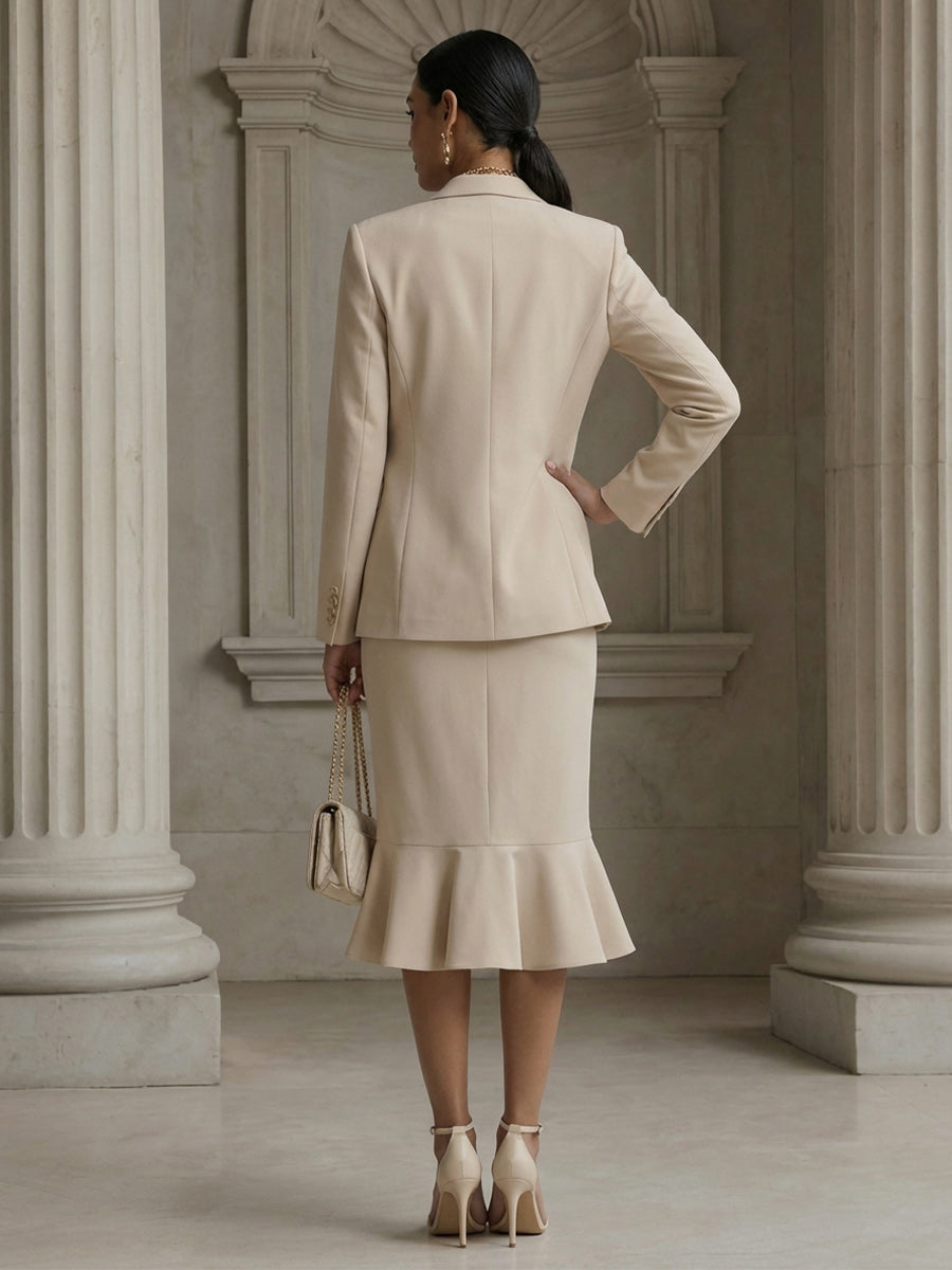 Women's Chic Suit Mermaid Notched Lapel Casual Two-Piece Blazer Outfit with Ruffle