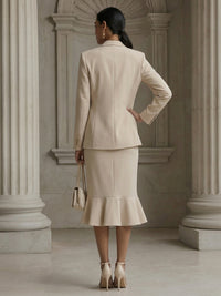 Women's Chic Suit Mermaid Notched Lapel Casual Two-Piece Blazer Outfit with Ruffle