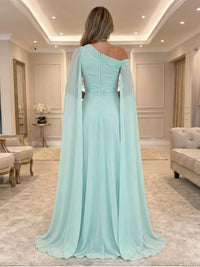 A-Line Chiffon Draped Cape Sleeves Floor-Length Mother of the Bride & Groom Dresses with Sweep Train