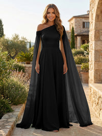 A-Line Chiffon Draped Cape Sleeves Floor-Length Mother of the Bride & Groom Dresses with Sweep Train