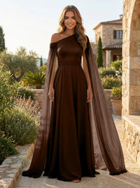 A-Line Chiffon Draped Cape Sleeves Floor-Length Mother of the Bride & Groom Dresses with Sweep Train