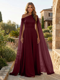 A-Line Chiffon Draped Cape Sleeves Floor-Length Mother of the Bride & Groom Dresses with Sweep Train