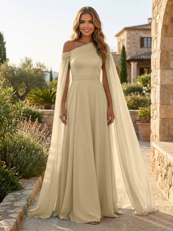 A-Line Chiffon Draped Cape Sleeves Floor-Length Mother of the Bride & Groom Dresses with Sweep Train