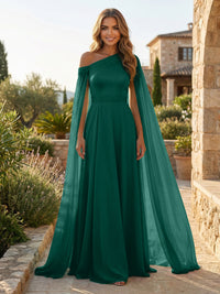 A-Line Chiffon Draped Cape Sleeves Floor-Length Mother of the Bride & Groom Dresses with Sweep Train