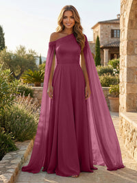 A-Line Chiffon Draped Cape Sleeves Floor-Length Mother of the Bride & Groom Dresses with Sweep Train
