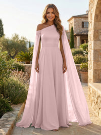 A-Line Chiffon Draped Cape Sleeves Floor-Length Mother of the Bride & Groom Dresses with Sweep Train
