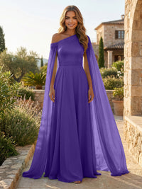 A-Line Chiffon Draped Cape Sleeves Floor-Length Mother of the Bride & Groom Dresses with Sweep Train