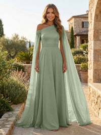 A-Line Chiffon Draped Cape Sleeves Floor-Length Mother of the Bride & Groom Dresses with Sweep Train