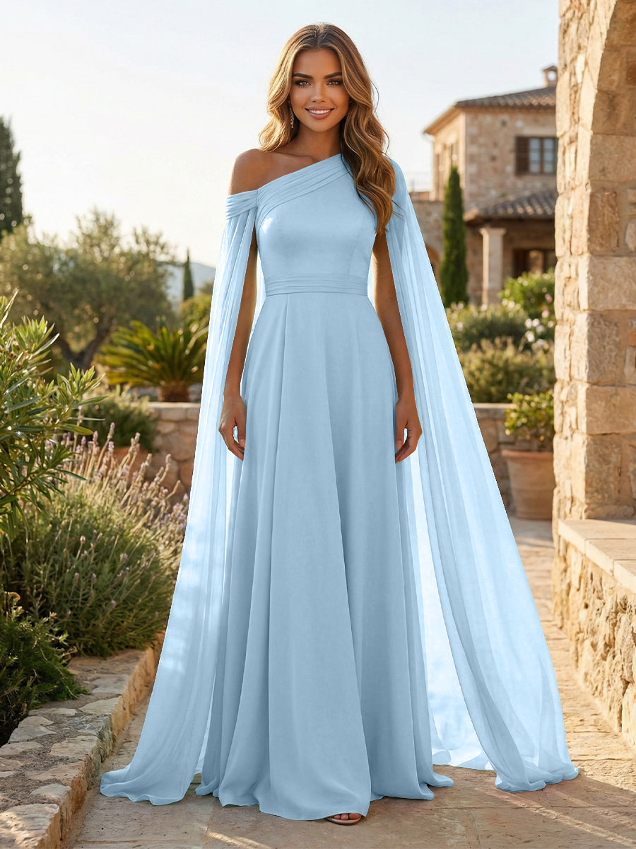 Shirees Sky Blue A-Line Chiffon Draped Cape Sleeves Floor-Length Mother of the Bride & Groom Dresses with Sweep Train 2026
