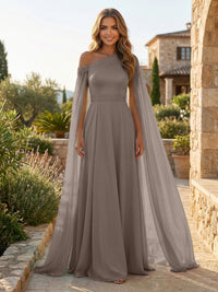 A-Line Chiffon Draped Cape Sleeves Floor-Length Mother of the Bride & Groom Dresses with Sweep Train