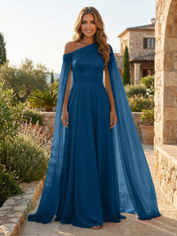 A-Line Chiffon Draped Cape Sleeves Floor-Length Mother of the Bride & Groom Dresses with Sweep Train