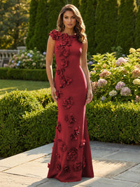 Sheath Satin Round Neck Floor-Length Formal Dresses with 3D Flower