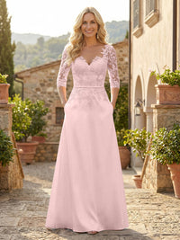 A-Line Satin 3/4 Sleeves Floor-Length Mother of the Bride & Groom Dresses with Lace Bodice & Pockets