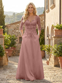 A-Line Satin 3/4 Sleeves Floor-Length Mother of the Bride & Groom Dresses with Lace Bodice & Pockets