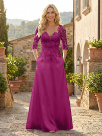A-Line Satin 3/4 Sleeves Floor-Length Mother of the Bride & Groom Dresses with Lace Bodice & Pockets
