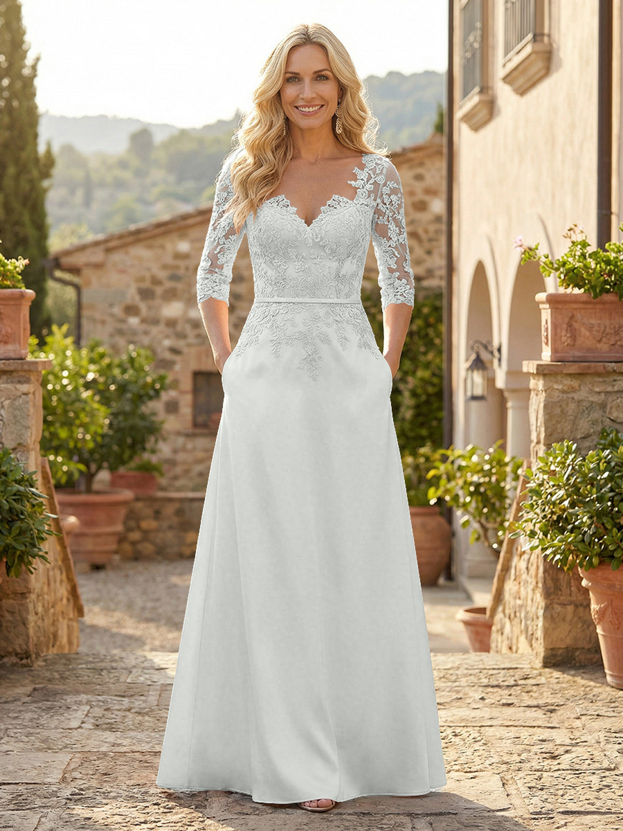 Shirees Mauve A-Line Satin 3/4 Sleeves Floor-Length Mother of the Bride & Groom Dresses with Lace Bodice & Pockets 2026