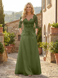 A-Line Satin 3/4 Sleeves Floor-Length Mother of the Bride & Groom Dresses with Lace Bodice & Pockets