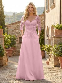 A-Line Satin 3/4 Sleeves Floor-Length Mother of the Bride & Groom Dresses with Lace Bodice & Pockets