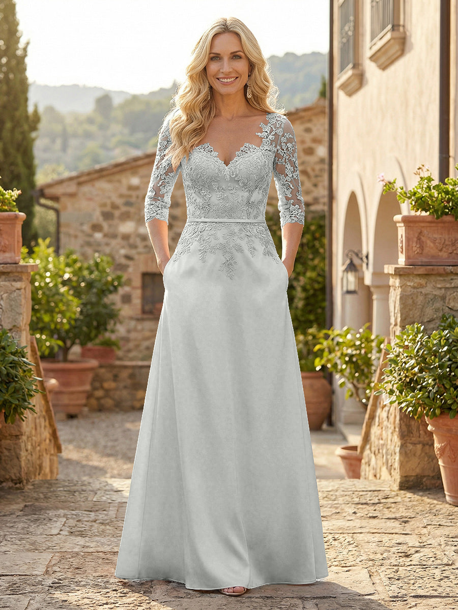 Shirees Mauve A-Line Satin 3/4 Sleeves Floor-Length Mother of the Bride & Groom Dresses with Lace Bodice & Pockets 2026