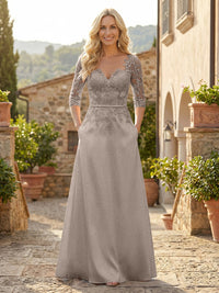 A-Line Satin 3/4 Sleeves Floor-Length Mother of the Bride & Groom Dresses with Lace Bodice & Pockets