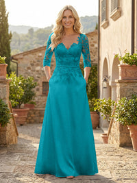 A-Line Satin 3/4 Sleeves Floor-Length Mother of the Bride & Groom Dresses with Lace Bodice & Pockets