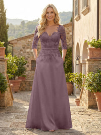 A-Line Satin 3/4 Sleeves Floor-Length Mother of the Bride & Groom Dresses with Lace Bodice & Pockets