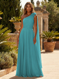 A-Line Chiffon One Shoulder Draped Cape Sleeves Floor-Length Mother of the Bride & Groom Dresses