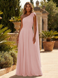 A-Line Chiffon One Shoulder Draped Cape Sleeves Floor-Length Mother of the Bride & Groom Dresses