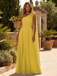A-Line Chiffon One Shoulder Draped Cape Sleeves Floor-Length Mother of the Bride & Groom Dresses