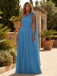 A-Line Chiffon One Shoulder Draped Cape Sleeves Floor-Length Mother of the Bride & Groom Dresses