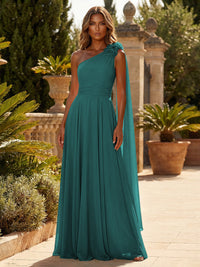 A-Line Chiffon One Shoulder Draped Cape Sleeves Floor-Length Mother of the Bride & Groom Dresses