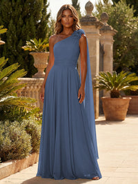 A-Line Chiffon One Shoulder Draped Cape Sleeves Floor-Length Mother of the Bride & Groom Dresses