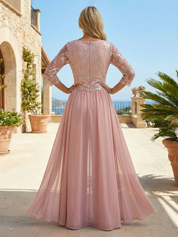 Chiffon 3/4 Sleeves Round Neck Mother of the Bride & Groom Jumpsuit with Lace Embellished Bodice