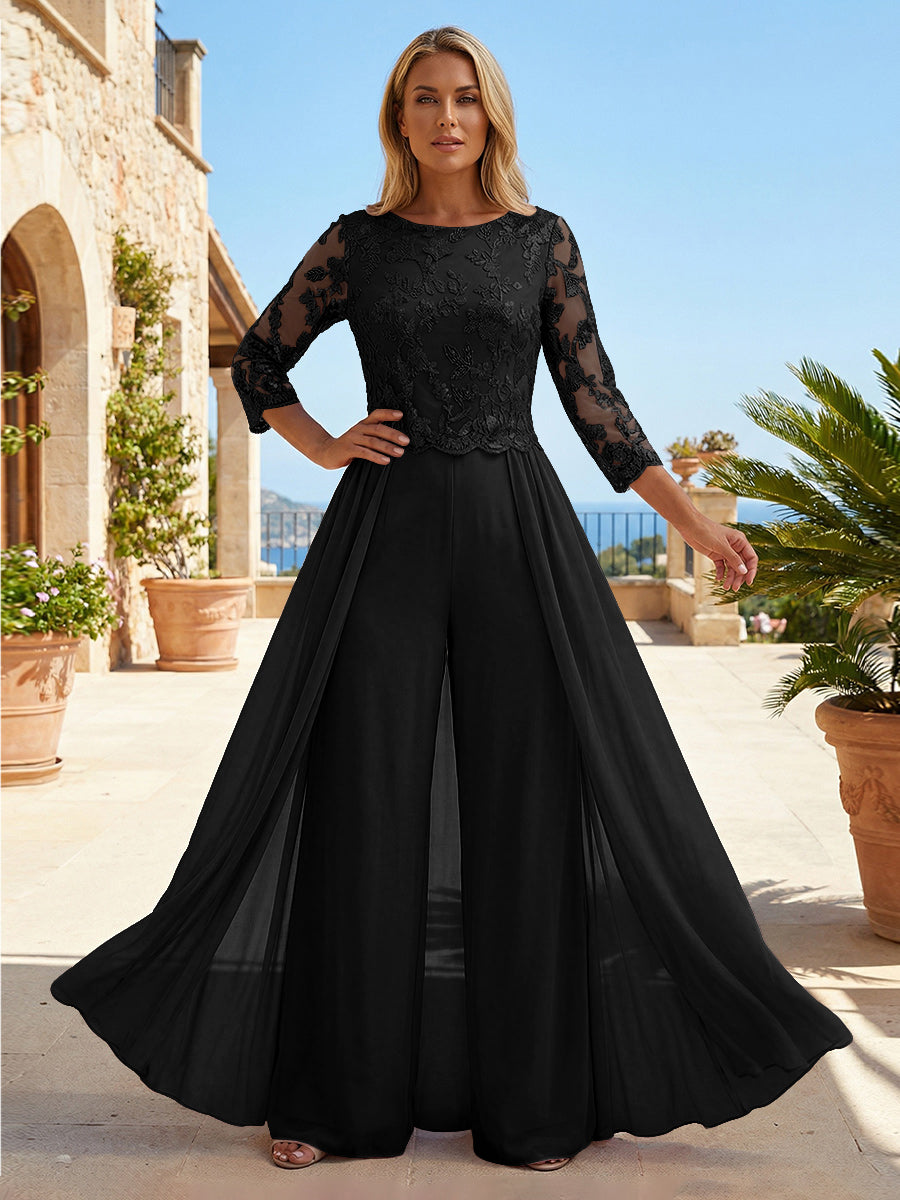 Chiffon 3/4 Sleeves Round Neck Mother of the Bride & Groom Jumpsuit with Lace Embellished Bodice