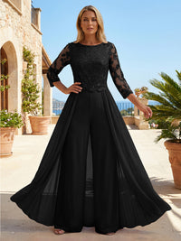 Chiffon 3/4 Sleeves Round Neck Mother of the Bride & Groom Jumpsuit with Lace Embellished Bodice