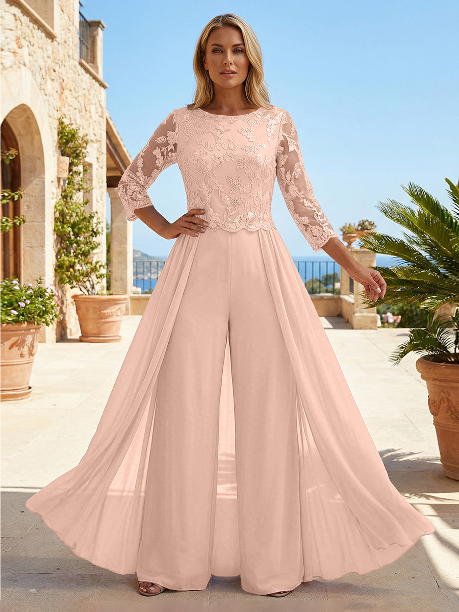 Chiffon 3/4 Sleeves Round Neck Mother of the Bride & Groom Jumpsuit with Lace Embellished Bodice