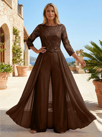 Chiffon 3/4 Sleeves Round Neck Mother of the Bride & Groom Jumpsuit with Lace Embellished Bodice