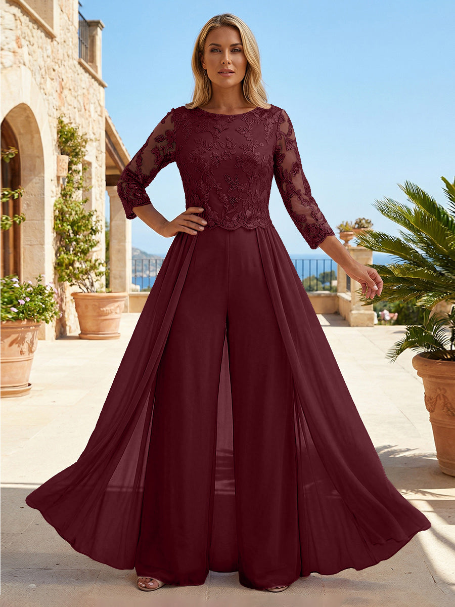 Chiffon 3/4 Sleeves Round Neck Mother of the Bride & Groom Jumpsuit with Lace Embellished Bodice