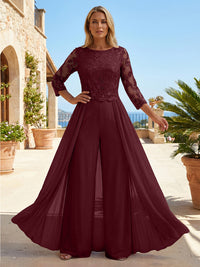 Chiffon 3/4 Sleeves Round Neck Mother of the Bride & Groom Jumpsuit with Lace Embellished Bodice