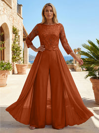 Chiffon 3/4 Sleeves Round Neck Mother of the Bride & Groom Jumpsuit with Lace Embellished Bodice