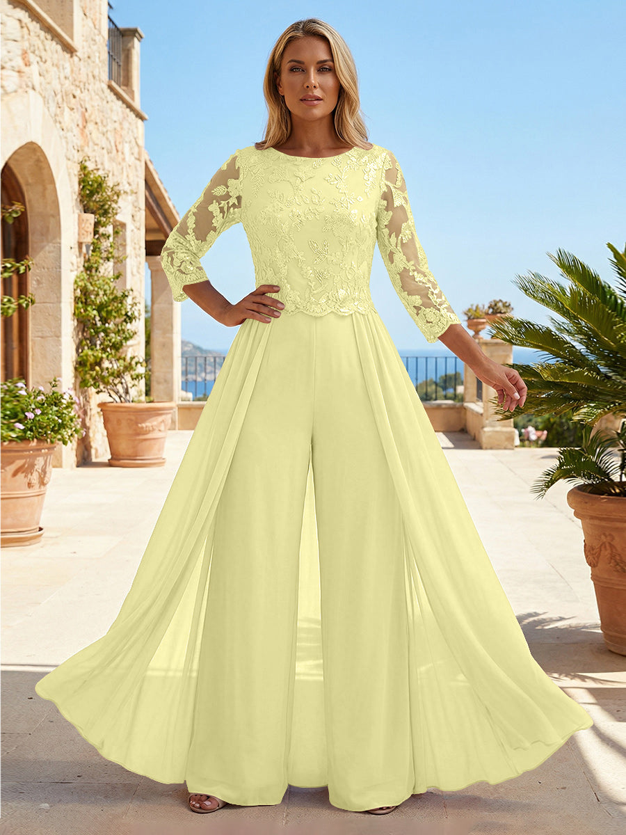 Chiffon 3/4 Sleeves Round Neck Mother of the Bride & Groom Jumpsuit with Lace Embellished Bodice