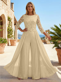 Chiffon 3/4 Sleeves Round Neck Mother of the Bride & Groom Jumpsuit with Lace Embellished Bodice